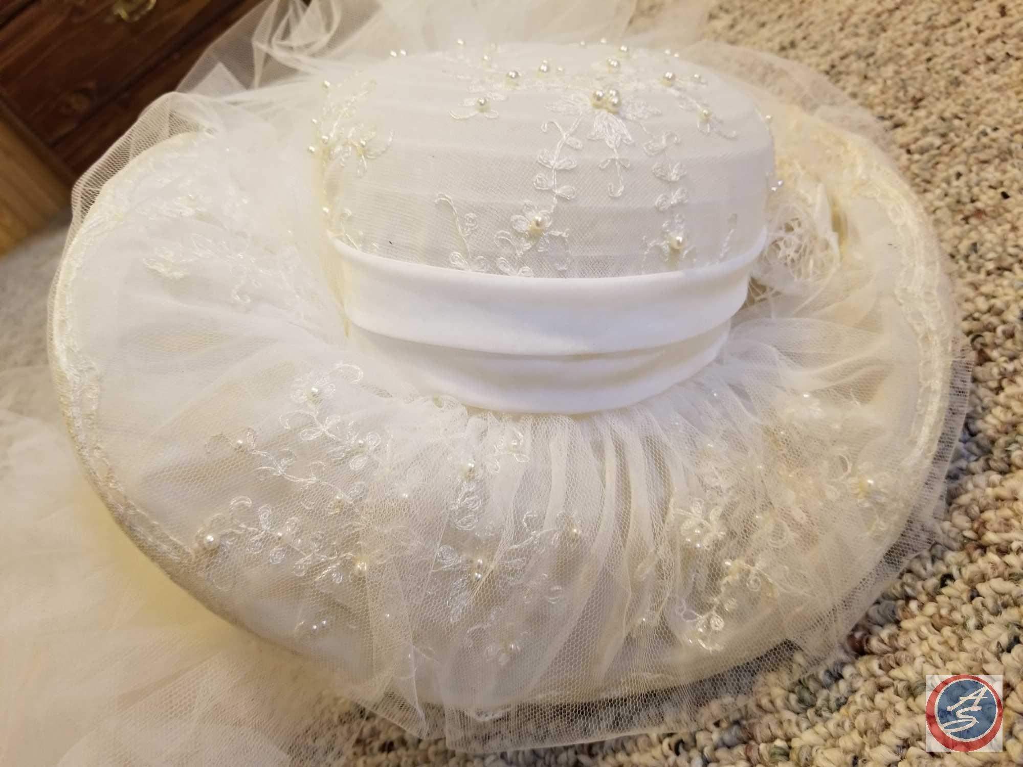 Formal Long-Sleeve Bridal Gown (ca. 1980's) w/ Wedding Veil Hat