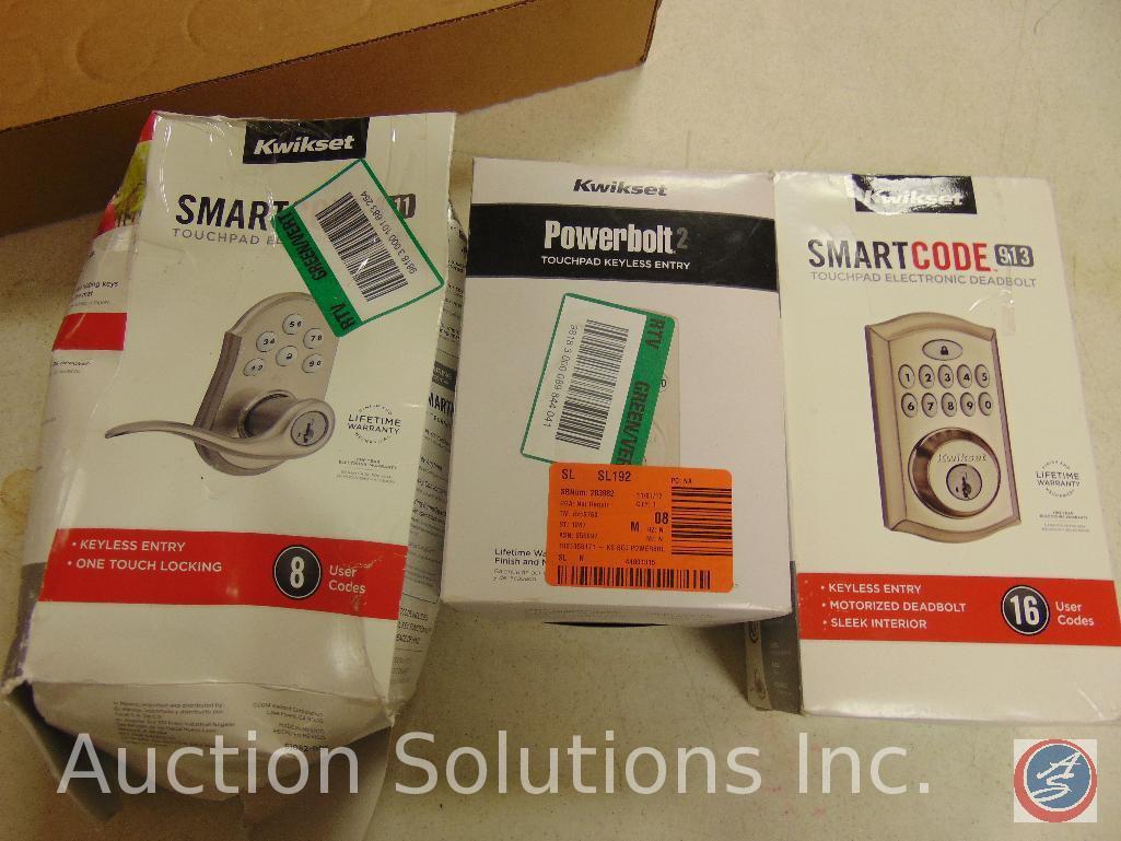 (3) Kwikset toupad keyless entry smart locks, Powerbolt 2, Smartcode 913, and Smartcode