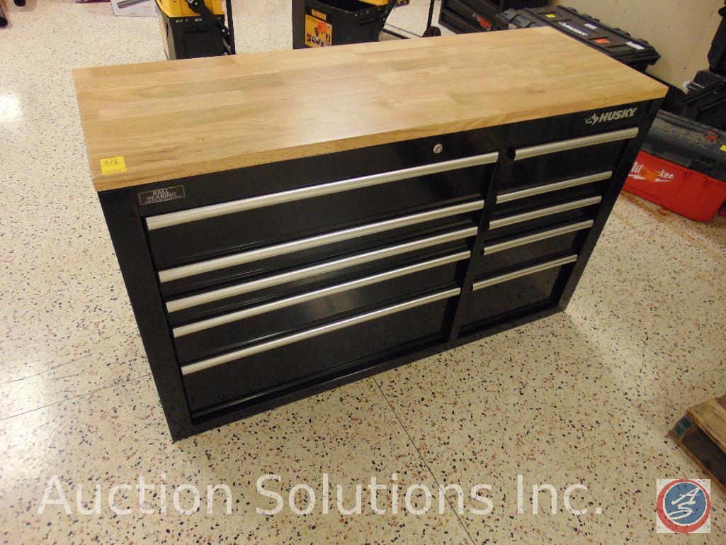 Husky wood topped ball bearing tool box, (10) drawers