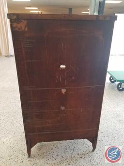 Antique 5 shelf wood cabinet with glass door on casters (no key)- 53.5" tall x 30.5" wide x 14" deep