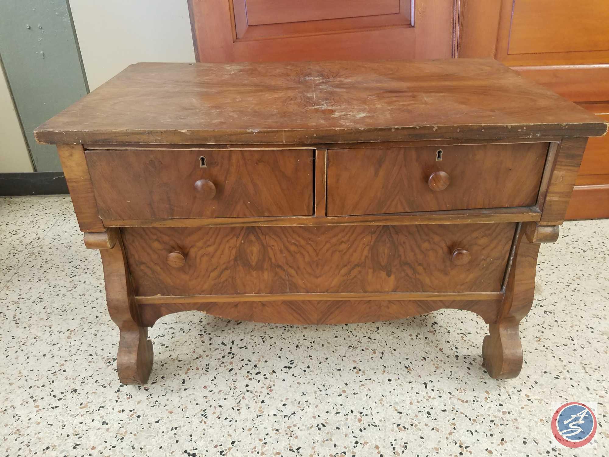 Antique 3 drawer wood side table (no key)- 24" tall x 36" wide x 21" deep