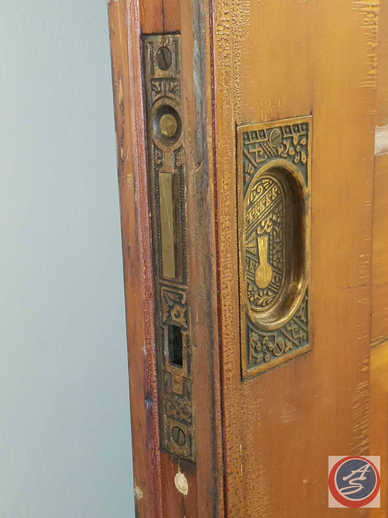 Large antique wood door with ornate lock (no key)- 89" tall x 31" deep