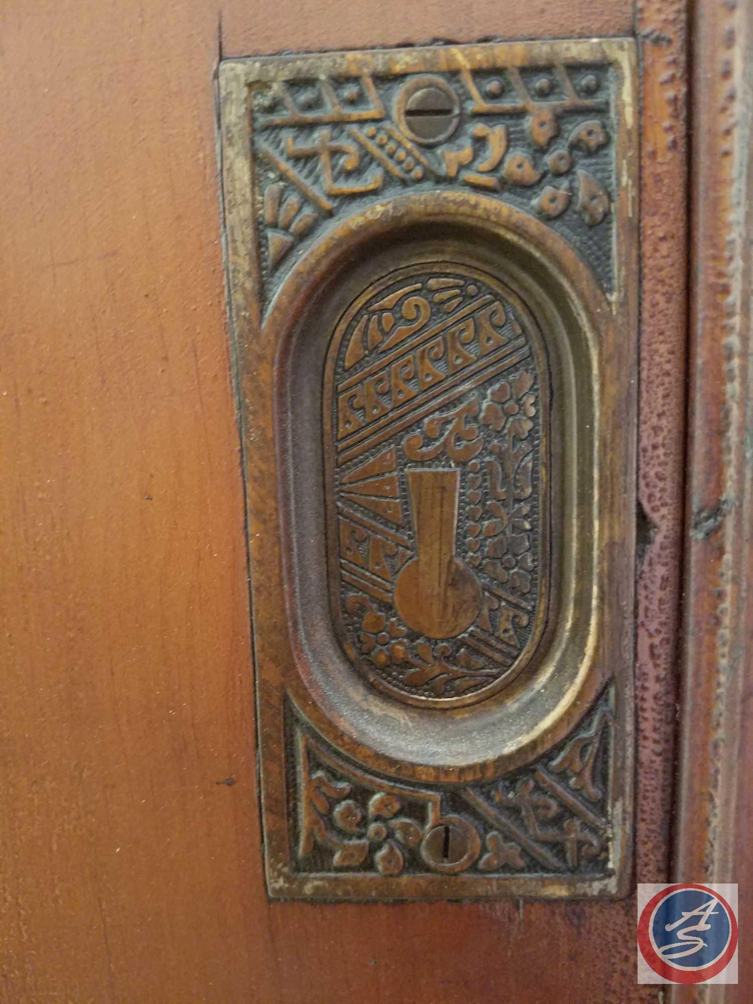 Large antique wood door with ornate lock (no key)- 89" tall x 31" deep