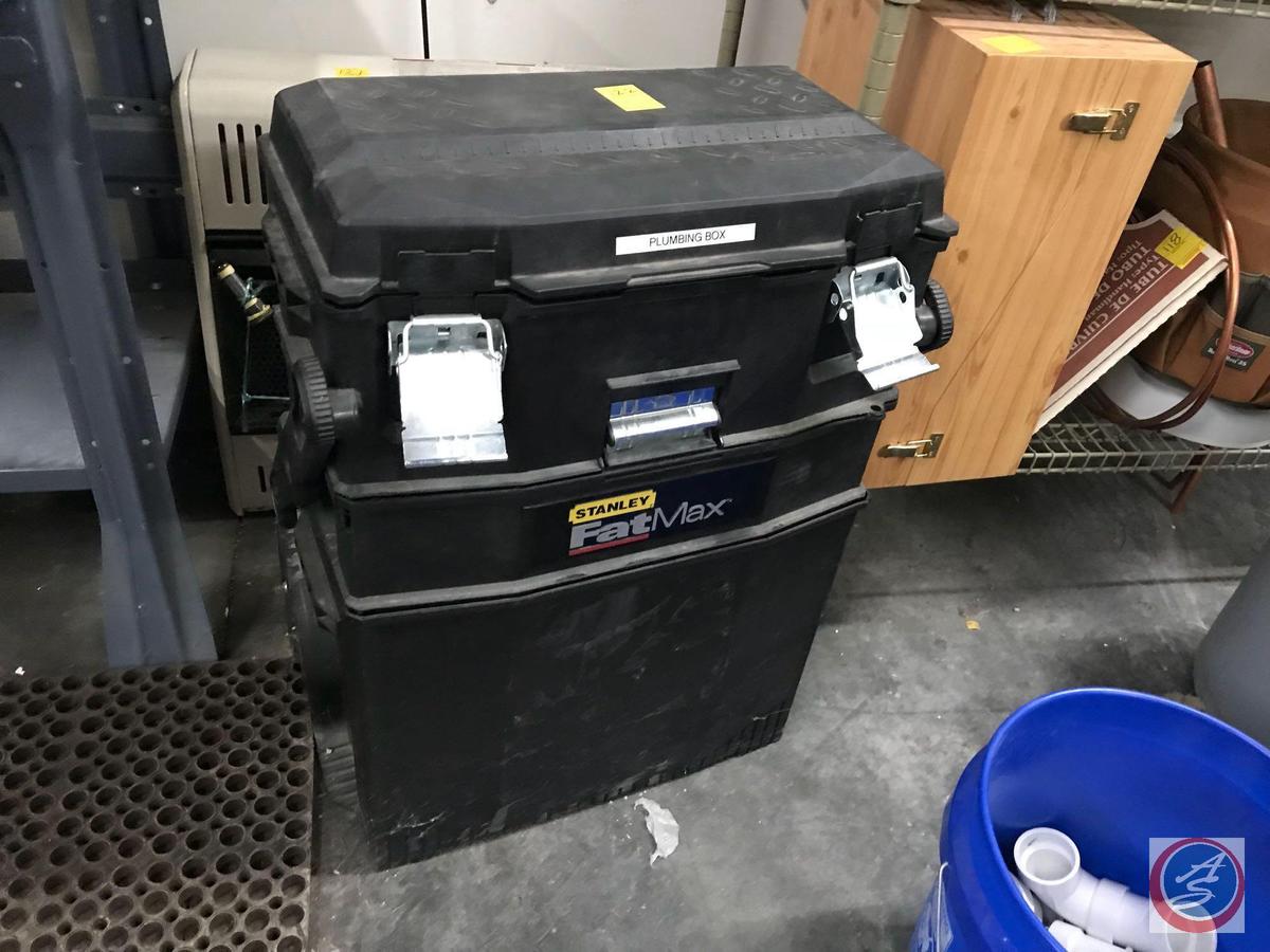 Plumbing tool box, multi level. All contents included. Bucket and PVC fitting