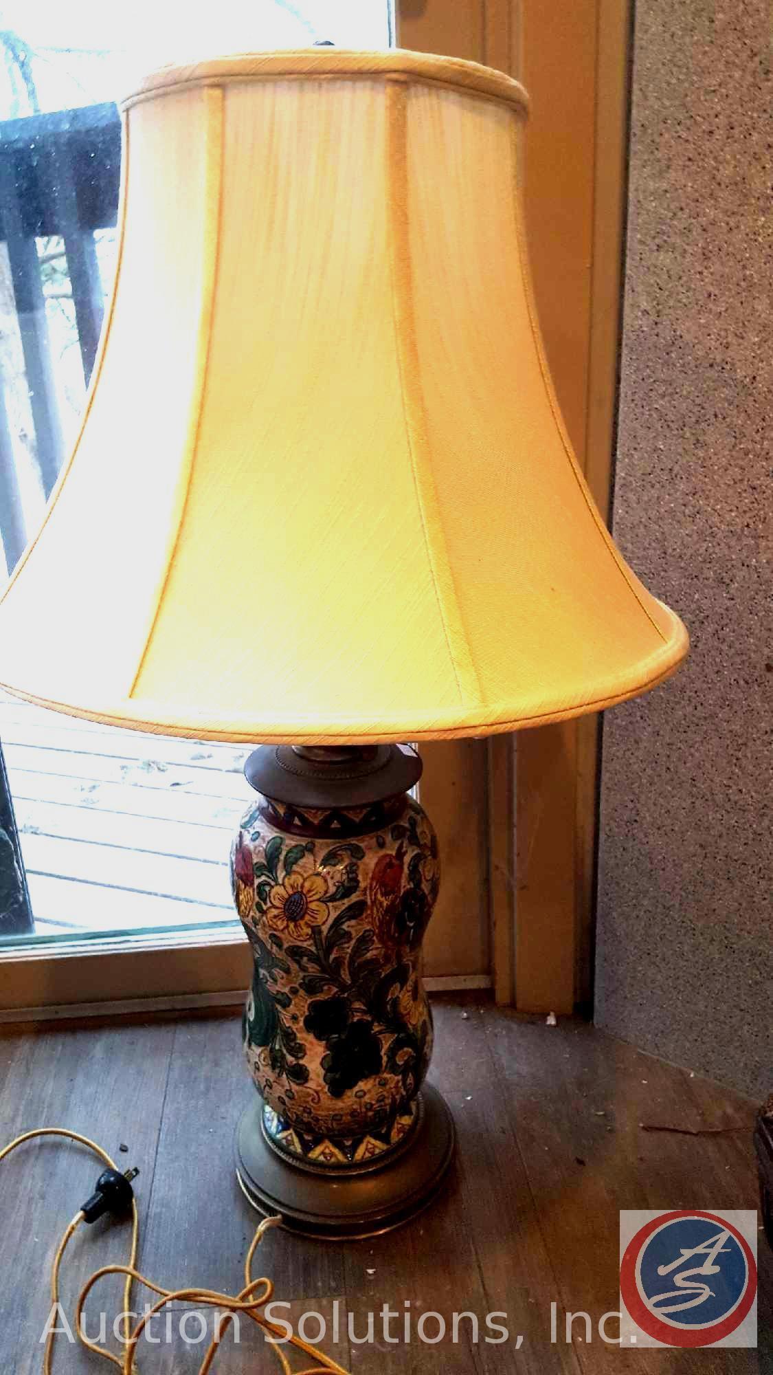 Ornately Enameled Brass Base Vintage Table Lamp w/ Shade (needs new cord)