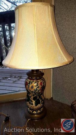 Ornately Enameled Brass Base Vintage Table Lamp w/ Shade (needs new cord)