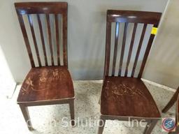(4) dark wood slat back chairs (some scratches)
