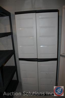 5-Tier Plastic Storage Shelving Unit, (2) 2-door plastic storage shelving units {{CONTENTS SOLD