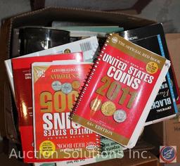 (2) Boxes Containing Stamp Collector Items, Numismatist (Coin Collector) Books, Vintage Time