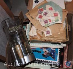 (2) Boxes Containing Stamp Collector Items, Numismatist (Coin Collector) Books, Vintage Time