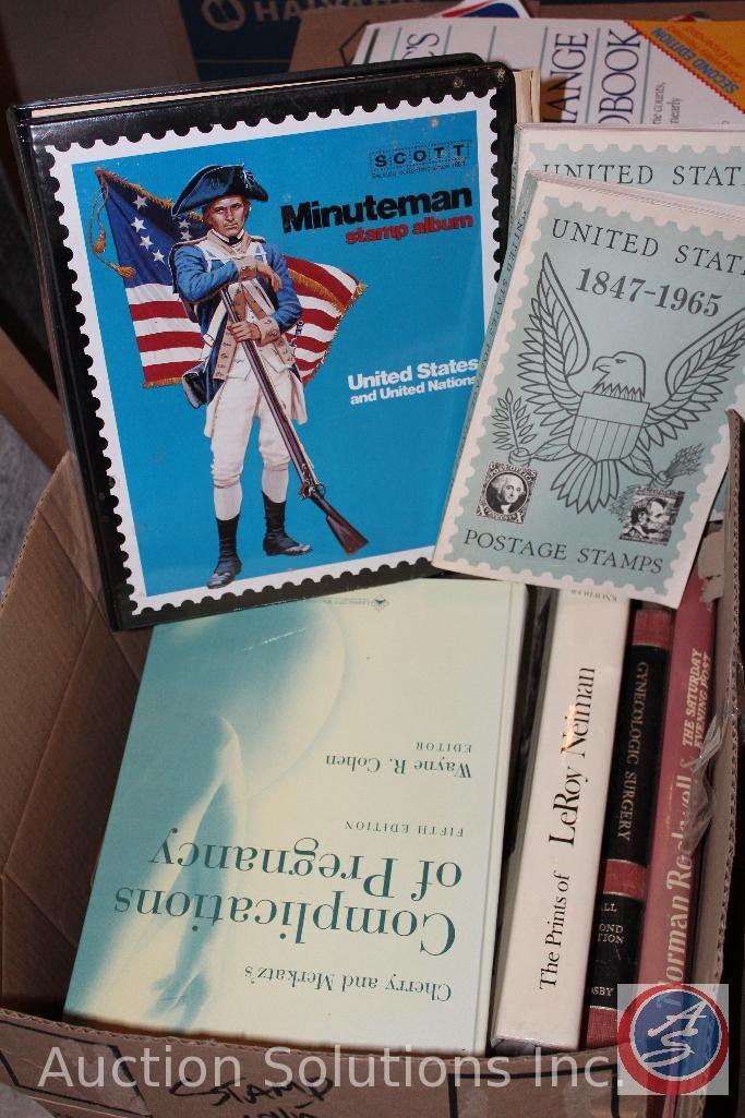 (2) Boxes Containing Stamp Collector Items, Numismatist (Coin Collector) Books, Vintage Time