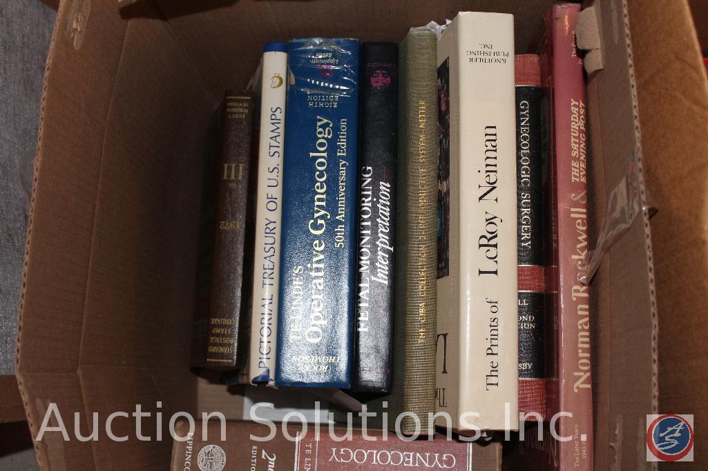 (2) Boxes Containing Stamp Collector Items, Numismatist (Coin Collector) Books, Vintage Time