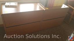 Chrome steel shelving unit, hall tree, oak finish desk with return, matching credenza with topper,