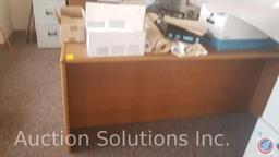 Chrome steel shelving unit, hall tree, oak finish desk with return, matching credenza with topper,