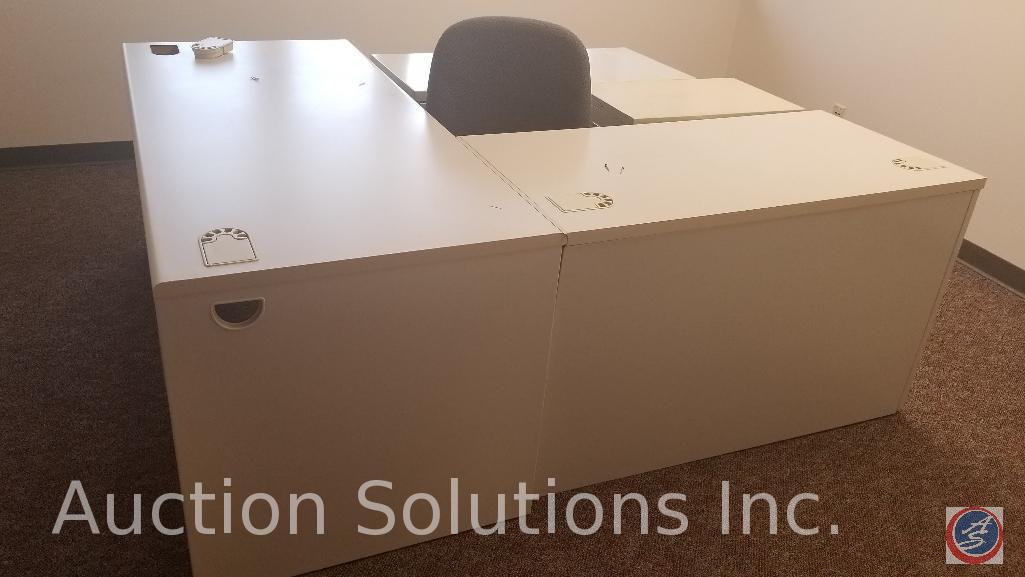 Modular desk with 4 foot section and 6 foot section, one executive chair, one 2 drawer lateral file