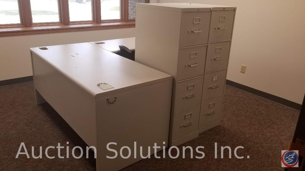 6 foot desk with 4 foot return, rolling executive chair and 2 Hon 4 drawer filing cabinets