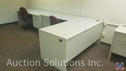 Three 5 ft.L shaped desks with 4 foot returns, storage drawers and 3 executive chairs