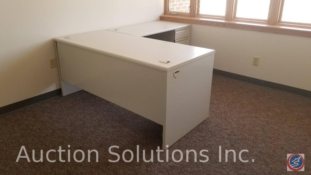 5 foot L-shaped desk with 4 foot return with 2 storage drawers and two Hon file cabinets