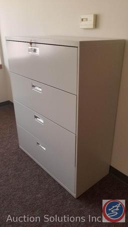 5 foot L-shaped desk with 4 foot return with 2 storage drawers and two Hon file cabinets