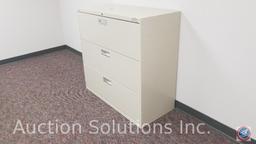 Two 5 foot L-shaped desks with 4 foot return, one storage cabinet and one three drawer Hon lateral