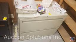 L shape desk, executive chair, Hon four drawer file cabinet and all the office supplies in this room