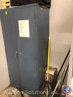 Steel storage cabinet (missing handle) and contents