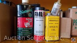 Contents of flammable fire cabinet including penetrant, sperm oil, cutting fluid, and other various