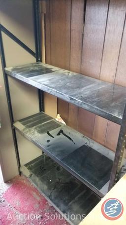 Metal shelving unit and two drawer metal filing cabinet. Contents not included