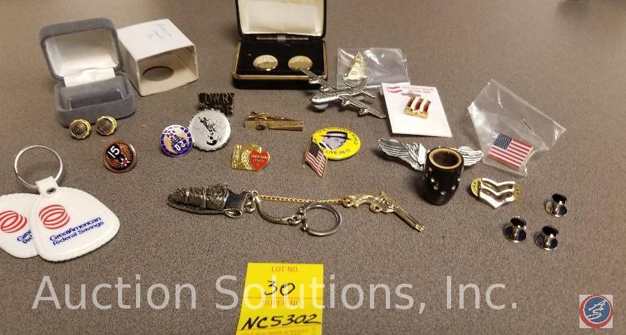 group of cufflinks, keychains, misc. buttons