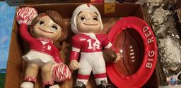 Ceramic hand painted Husker football player and cheerleader, hand painted Husker bowl