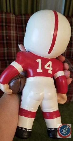 Ceramic hand painted Husker football player and cheerleader, hand painted Husker bowl