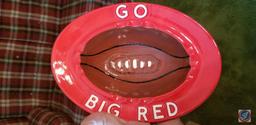 Ceramic hand painted Husker football player and cheerleader, hand painted Husker bowl