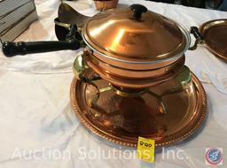 Copper Chafer, pan with handle, lid, Sterno pot, and large tray