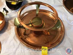 Copper Chafer, pan with handle, lid, Sterno pot, and large tray