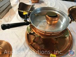 Copper Chafer, pan with handle, lid, Sterno pot, and large tray