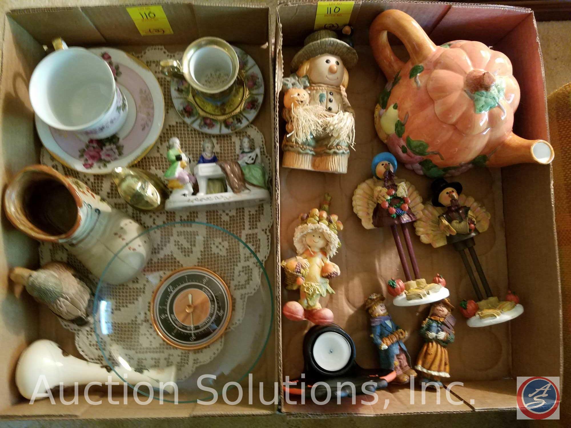 (2) flats containing glass figurines, including (2) teacups on saucers, one marked Norleans Japan, a