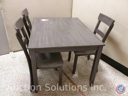 Crownmark gray dining table (48x36x30) and (3) gray padded chairs {{SOME STAINS ON TABLE TOP}}