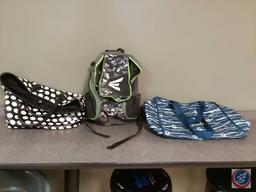Black and White Merona Polka dot purse, Easton backpack and blue and white "Stay Cool" bag