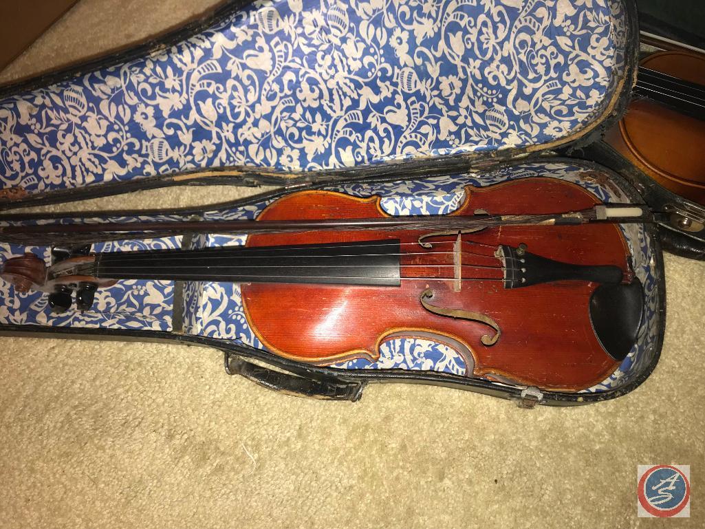 (2) Vintage Violins in Cases, with Bows, Vintage Resin, Newspaper article showing owner of one of