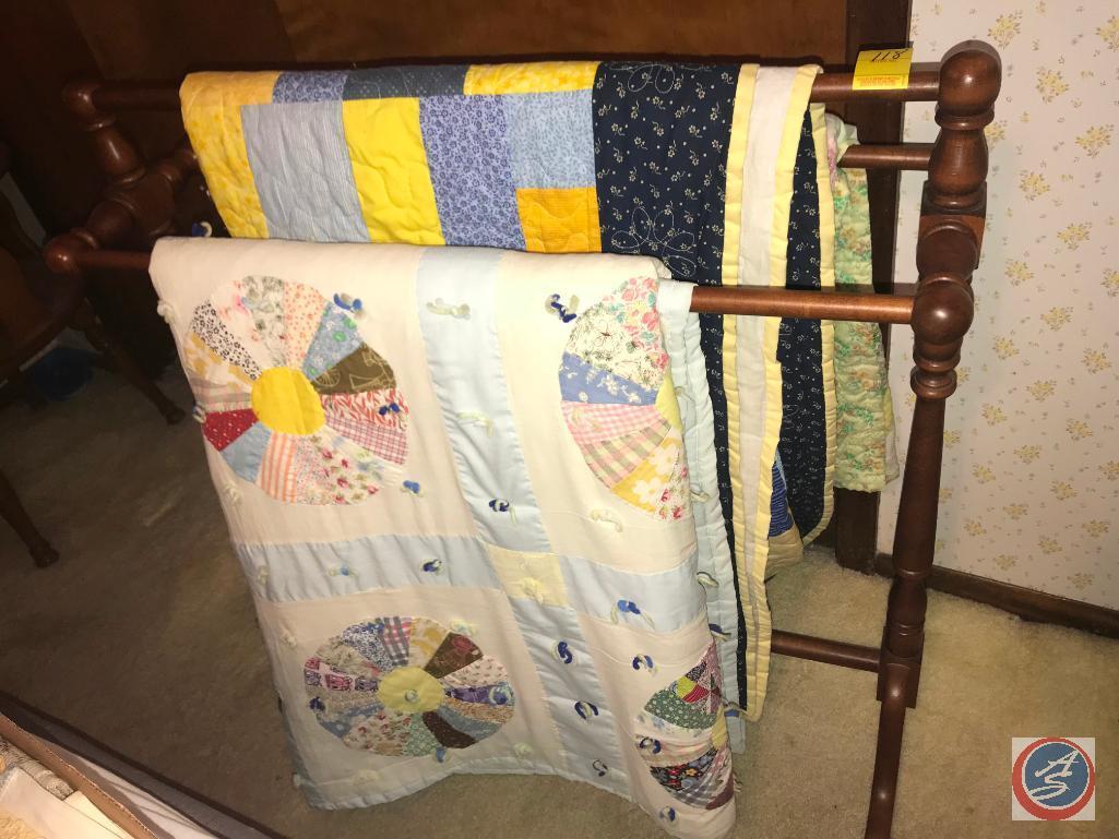 Quilt Display Rack with (3) Handmade Quilts on display