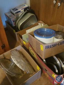 (5) Boxes containing glass cake stand, Culbert-Swan Centennial collector plate, Braun coffee grinder