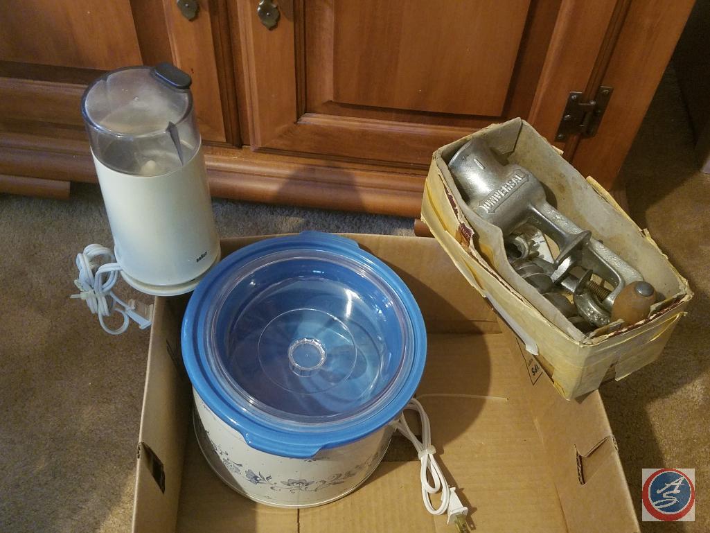 (5) Boxes containing glass cake stand, Culbert-Swan Centennial collector plate, Braun coffee grinder