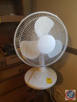 Wood plant stand, Intertek table fan (model #FT30-13PW), (4) flats containing assorted