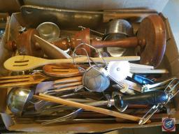 (2) Flats containing assorted kitchen utensils (i.e. spatulas, slicer, wood spoons, measuring