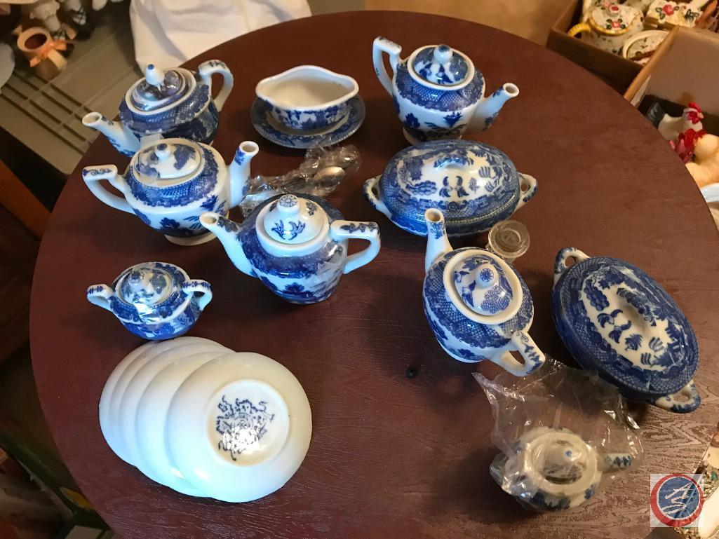 Miniature China Tea Set, Some items have store tags. Blue Willow Set and more {{SOME DISHES MAY HAVE