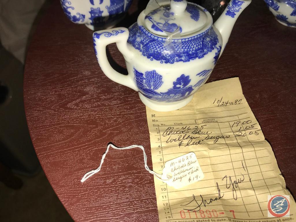 Miniature China Tea Set, Some items have store tags. Blue Willow Set and more {{SOME DISHES MAY HAVE