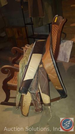 Wood and Wicker Rocking Chair and (7) Leather Gun Cases
