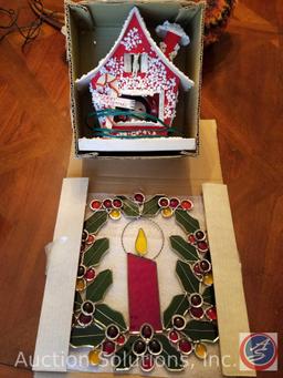 Serving Tray, Centerpiece, Electric Santa House, Stained Glass Christmas Wreath, Large Pink and