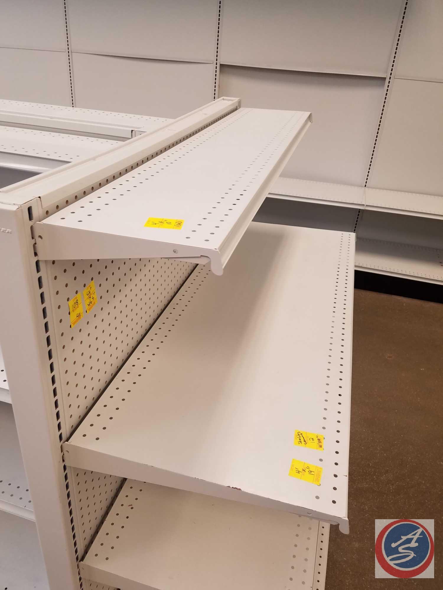 4 Sections of Lozier Shelving, Double Sided Gondola; including 12 Shelves Measuring 4' x 19", 6