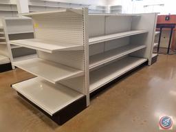 4 Sections of Lozier Shelving, Double Sided Gondola; including 12 Shelves Measuring 4' x 19", 6